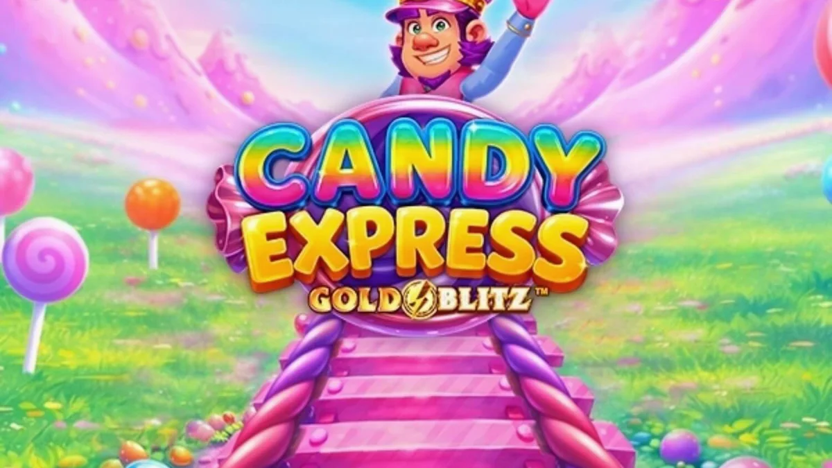 Candy Express Gold Blitz स्लॉट गेम का रंगीन और कैंडी-थीम वाला इंटरफेस